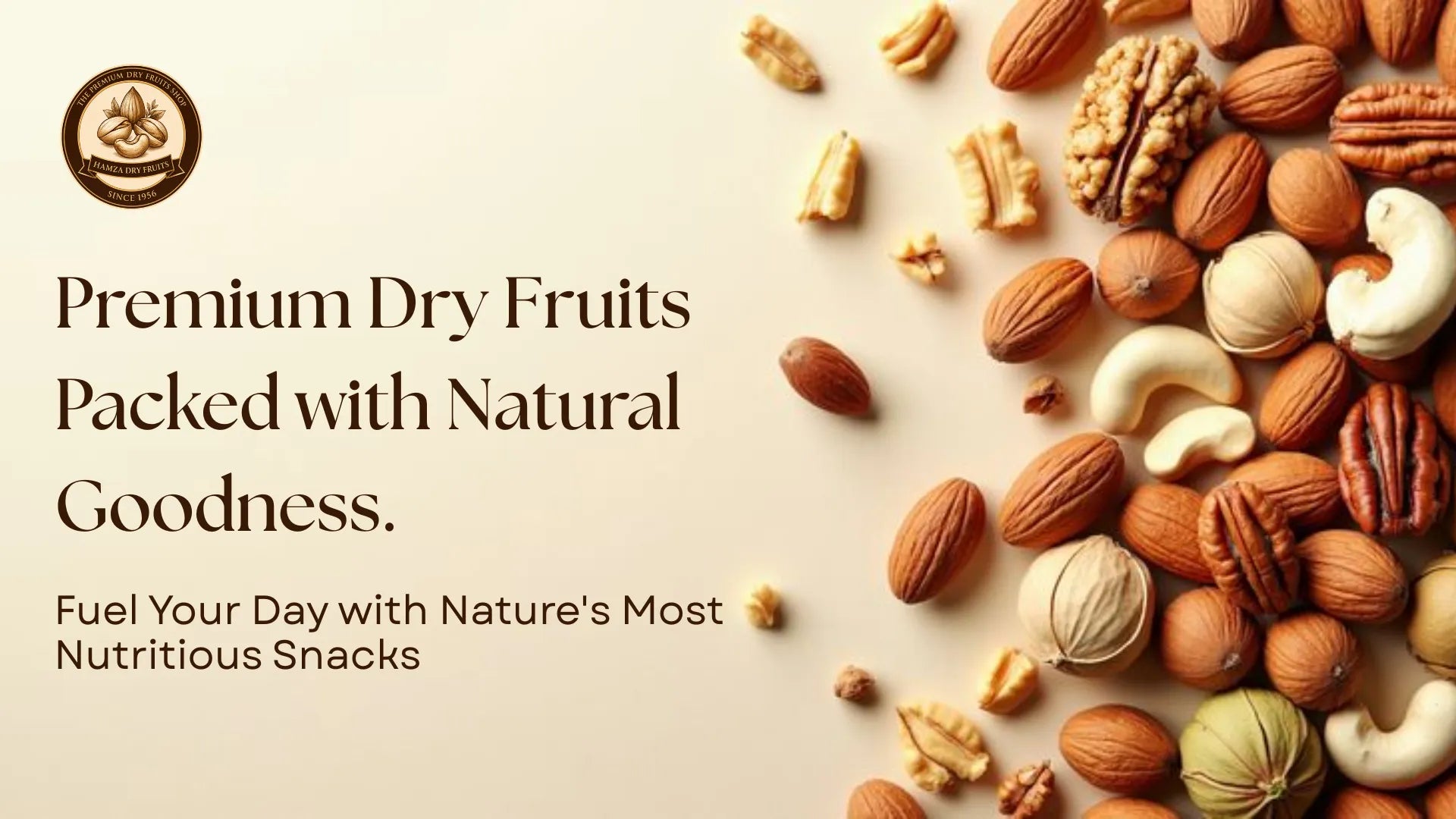 Premium mixed dry fruits in a wooden bowl featuring almonds, pistachios, cashews, raisins, walnuts and figs on a luxury background.